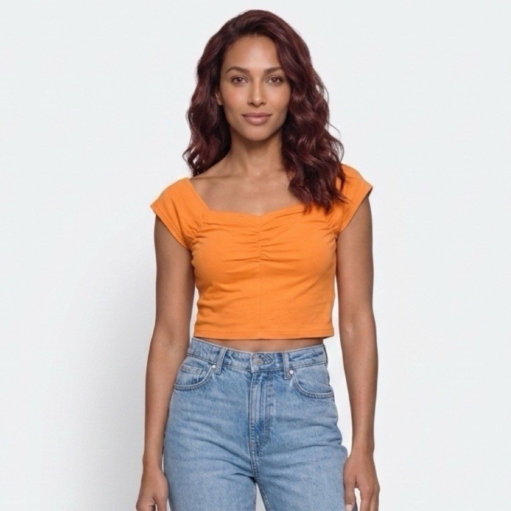 Tropical Heat Crop Top Women Medium Orange Y2K Ruched Retro Summer Cap Sleeve